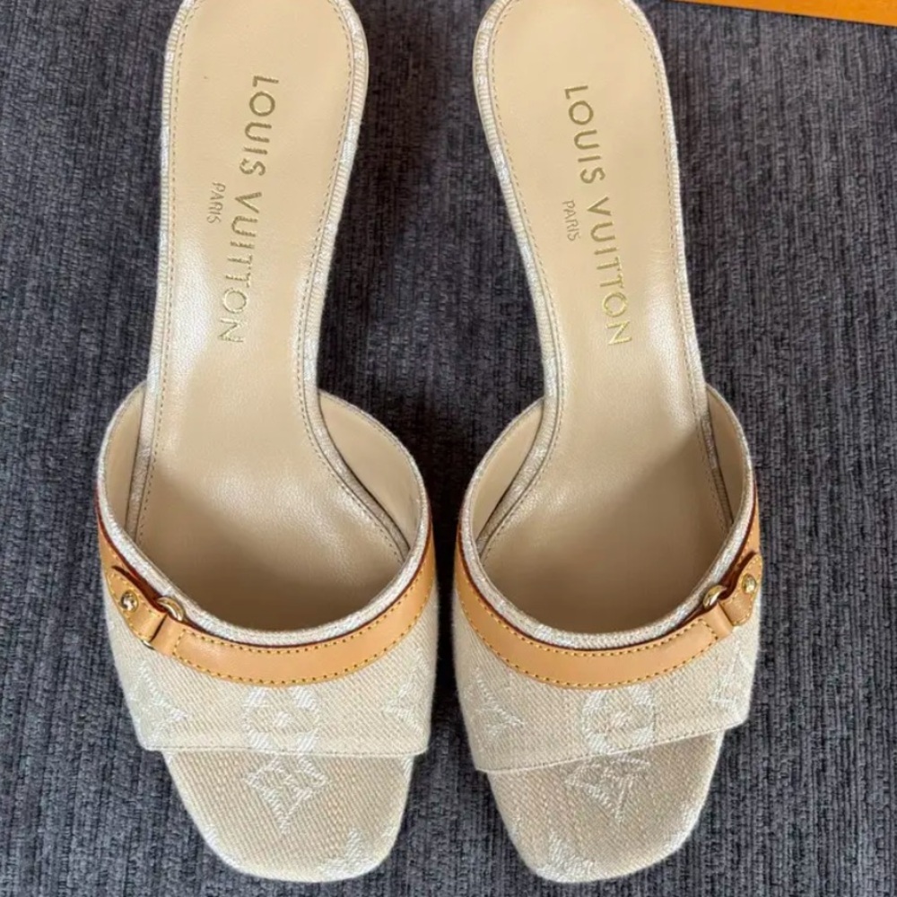 Louis Vuitton Beige Monogram Canvas Slide Mules with Tan Trim
